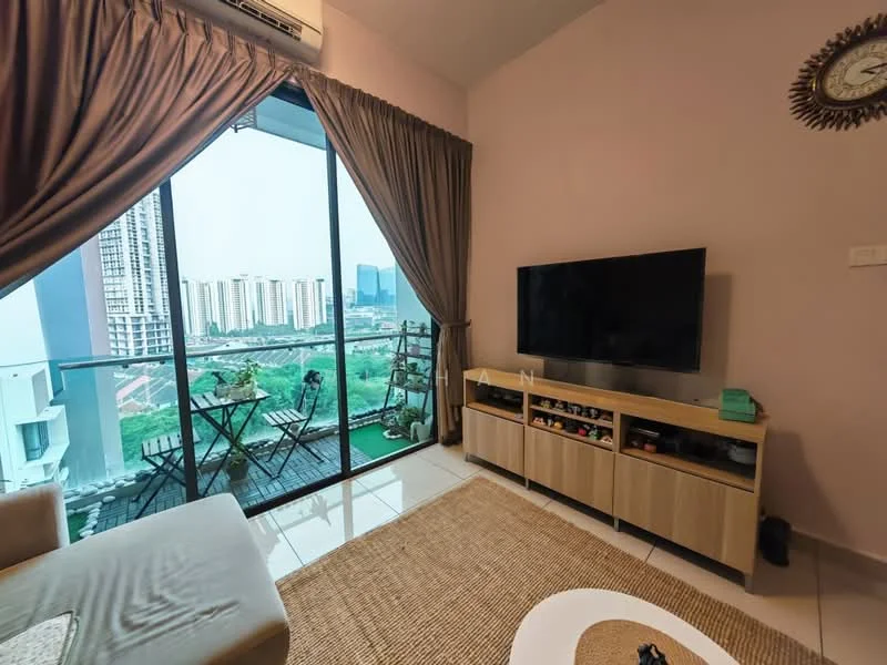 Living features: floor-to-ceiling windows, sliding glass door, curtains, wall-mounted TV, TV console, sofa, area rug, decorative wall clock, greenery view, balcony access; style: modern; view: city.
