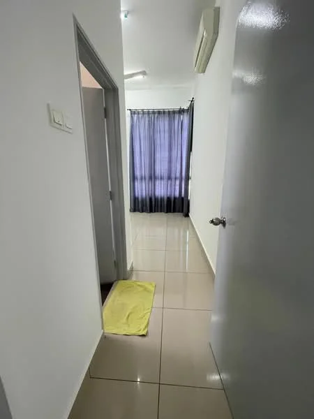 Room features: white painted walls, glossy tile flooring, grey curtains, air conditioning unit, door with handle, yellow bath mat, light ceiling fixtures; style: modern.