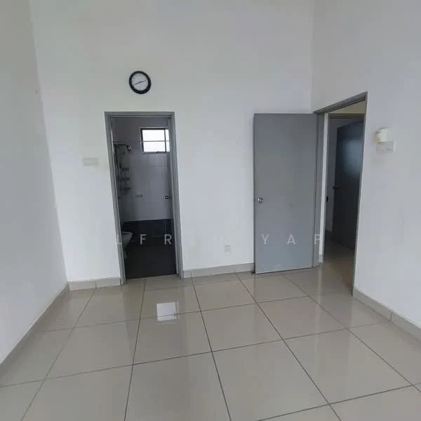 Room features: white painted walls, grey doors, tiled flooring, clock on wall, doorway leading to bathroom, doorway leading to another room, window, neutral color scheme; style: modern.