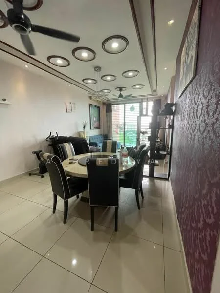 Dining features: round dining table, 6 upholstered dining chairs, white walls with decorative moulding, dark accent wall with pattern, recessed ceiling lights, 5-blade ceiling fan, sliding glass door, floor-to-ceiling windows, tile flooring, decorative wall art, plant in ceramic pot; style: modern; view: garden.