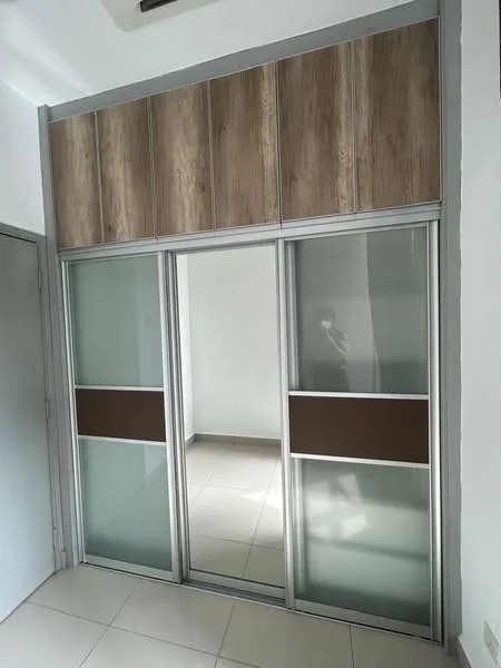 Room features: sliding glass doors, wooden paneling on top, grey metal frame, cream tiled flooring, brown accent panels, neutral wall color, minimalist design; style: modern.