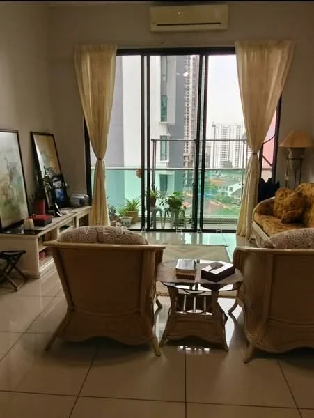 Living features: floor-to-ceiling windows, sliding glass door, sheer curtains, 2 rattan armchairs, wooden coffee table, decorative throw pillows, wall-mounted air conditioning unit, framed artwork, indoor plants, light-colored walls, glossy tile flooring; style: modern; view: city.