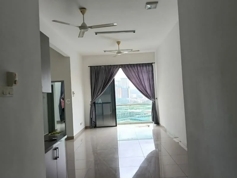 Room features: white painted walls, glossy tile flooring, 2 ceiling fans, floor-to-ceiling windows, sliding glass door, curtains, city skyline view; style: modern; view: city.