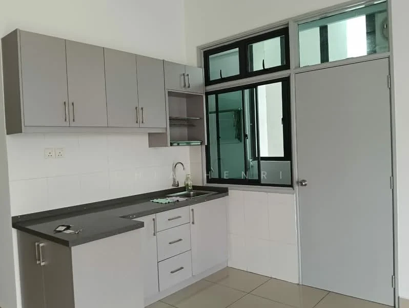 Kitchen features: grey cabinetry, white tiled backsplash, grey countertop, single-bowl stainless-steel sink, chrome pull-down faucet, built-in shelving, window above sink, floor-to-ceiling window, light-colored wall, glossy tile flooring; style: modern.