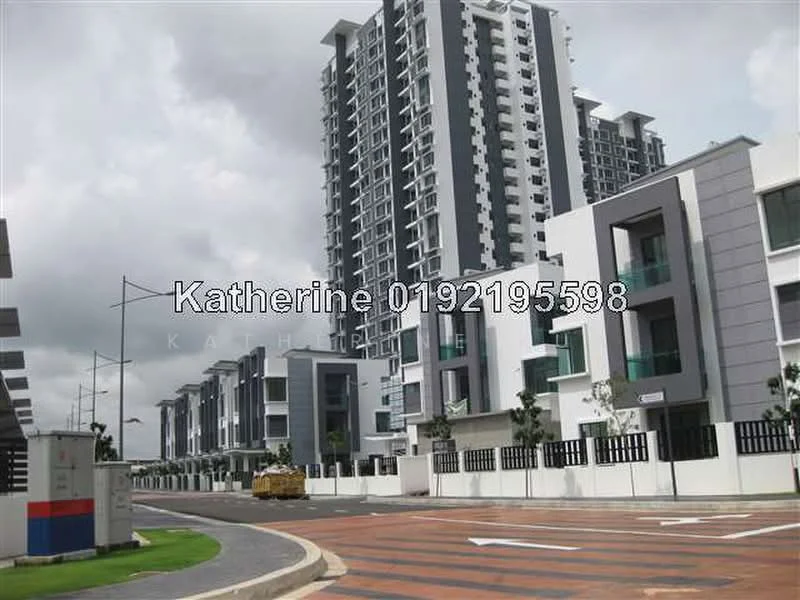 Exterior type: high-rise condominium; features: grey and white painted facade, glass curtain wall, multiple storeys, manicured landscaping, paved driveway, street lighting, surrounding greenery, modern architectural design; style: modern.