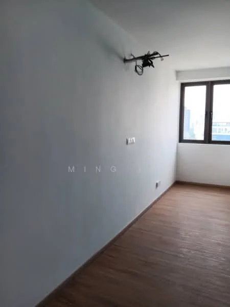 Room features: white painted walls, wooden flooring, window with view, light fixture on wall.