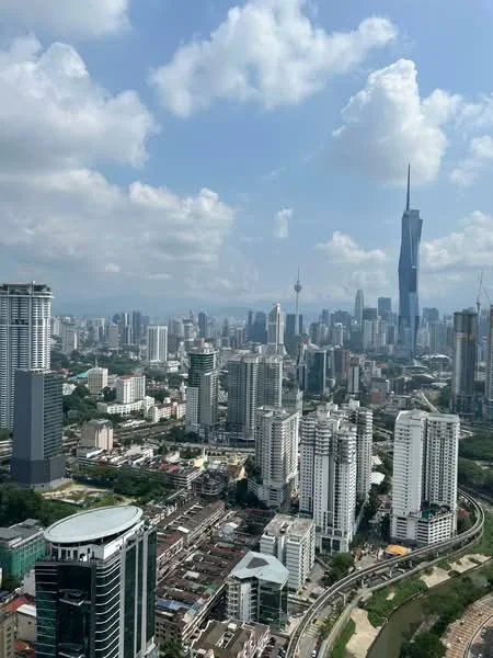 Exterior type: high-rise condominium; features: city skyline view, surrounded by urban landscape, various high-rise buildings, green spaces visible, river or canal in foreground, partly cloudy sky; style: modern.