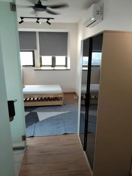 Bedroom features: wooden flooring, white painted walls, ceiling fan, floor-to-ceiling windows, roller blinds, queen-size bed frame without mattress, built-in wardrobe with sliding doors, area rug with geometric pattern, air conditioning unit; style: modern; view: city.