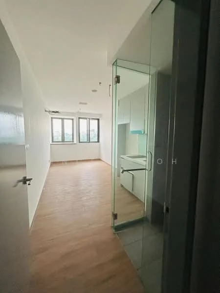 Room features: light wood flooring, white painted walls, glass door, three windows, kitchenette area, ceiling lights, open layout, corner room; style: modern; view: city.