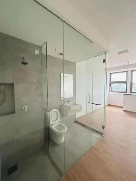 Bathroom features: glass shower enclosure, rain shower head, handheld shower, wall-mounted faucet, single-sink vanity with mirror, one-piece toilet, grey tile walls, wooden flooring, window with city view; style: modern; view: city.