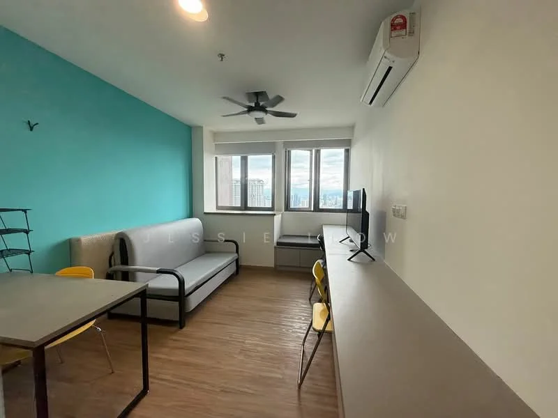 Living features: light blue accent wall, white painted walls, laminate flooring, 3-seater grey fabric sofa, ceiling fan, floor-to-ceiling windows, desk with chair, TV console, wall-mounted TV, air conditioning unit; style: modern; view: city.