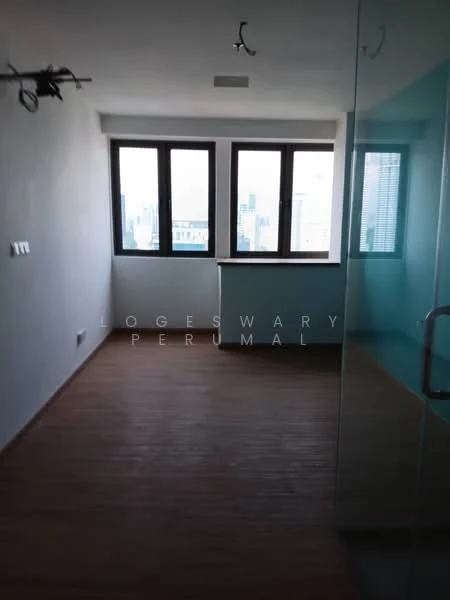 Room features: wooden flooring, white painted walls, floor-to-ceiling windows, city view, recessed ceiling lights, glass partition, wall-mounted electrical outlets, modern door handle; style: modern; view: city.