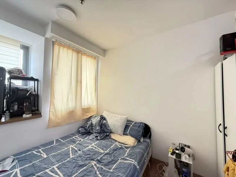 Bedroom features: single bed with blue and white bedding, white painted walls, wooden flooring, window with sheer curtains, built-in wardrobe with white doors, nightstand with lamp, shelf with various items, decorative throw pillow.