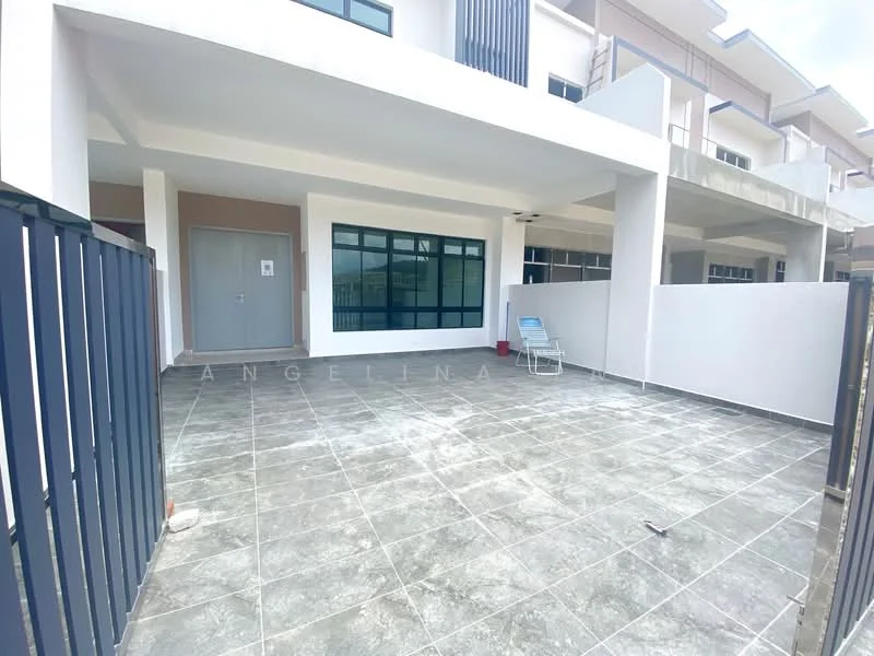 Exterior type: linked terrace house; features: grey tiled flooring, white painted walls, large windows, covered porch area, fenced perimeter, single door entrance, outdoor seating area, concrete wall, open space, modern architectural design; style: modern.