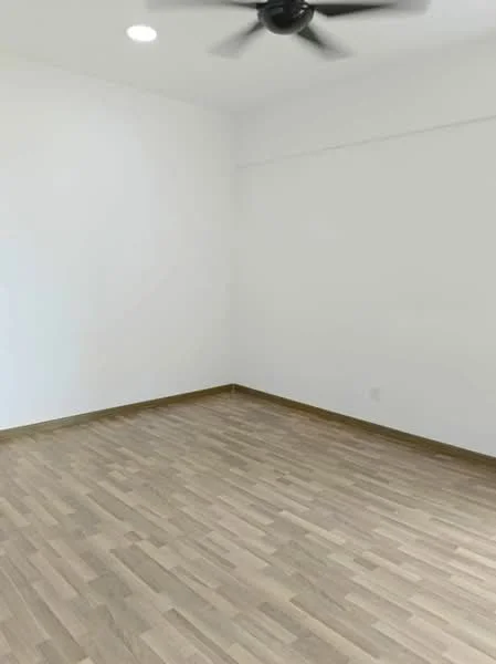 Room features: white painted walls, laminate flooring, ceiling fan, recessed downlights.
