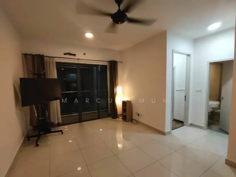Living features: white painted walls, glossy ceramic tile flooring, 5-blade ceiling fan with light, floor-to-ceiling sliding glass door, curtains, wall-mounted TV, lamp, corner with door leading to bathroom; style: modern; view: city.