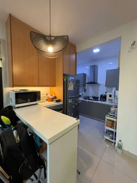 Kitchen features: wood cabinetry, white countertop, stainless-steel fridge, built-in microwave, freestanding range oven, ceramic tile flooring, pendant light fixture, open shelving, kitchen island with seating, wall-mounted cabinets; style: modern.