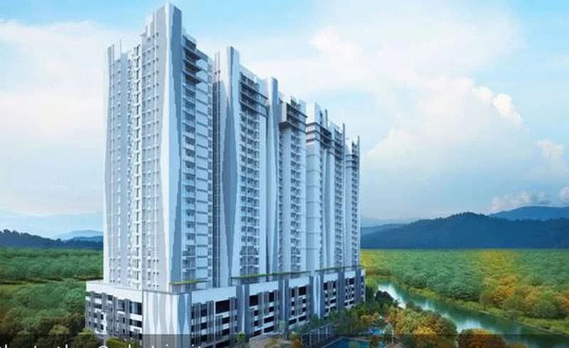 Exterior type: high-rise condominium; features: glass curtain wall, white painted facade, recessed balconies, approximately 15-storey high-rise, surrounded by greenery, landscaped garden at base, mountain view in background; style: modern.