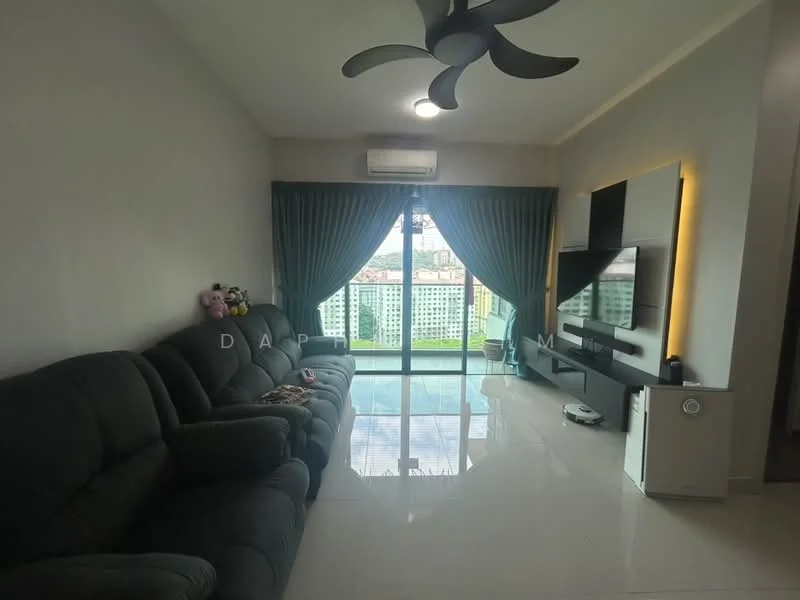 Living features: 3-seater fabric sofa in grey, floor-to-ceiling windows, sliding glass door, white painted walls, glossy tile flooring, ceiling fan with light, wall-mounted TV, TV console, air conditioning unit, curtains, decorative items on sofa; style: modern; view: city.
