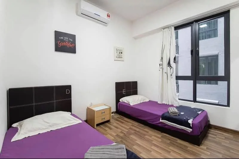 Bedroom features: two single beds with purple bedspreads, wooden flooring, white painted walls, floor-to-ceiling window, curtains, 1 wall-mounted split AC, nightstand with drawer, framed wall art, decorative throw blanket, bedside towel; style: modern.