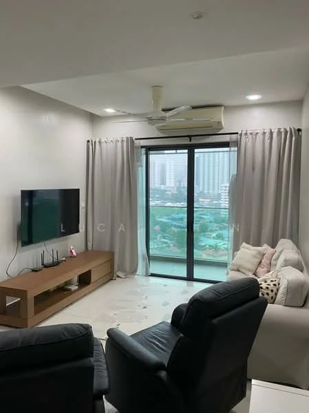 Living features: floor-to-ceiling sliding glass door, grey curtains, 3-seater fabric sofa in light color, 2-seater leather sofa in black, wooden TV console, wall-mounted TV, ceiling fan, recessed downlights, decorative cushions, tile flooring, air conditioning unit, area rug; style: modern; view: city.
