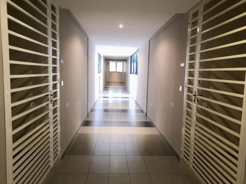 Room features: grey painted walls, white metal grilles on doors, tile flooring in grey and cream, recessed lighting, windows on one side, long corridor layout; style: modern.