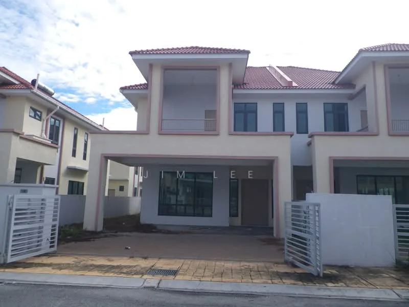 Exterior type: semi-detached house; features: white painted facade, red pitched tile roof, large front windows, covered porch area, stone-paved walkway, manicured lawn, fenced perimeter, two-storey structure; style: modern.