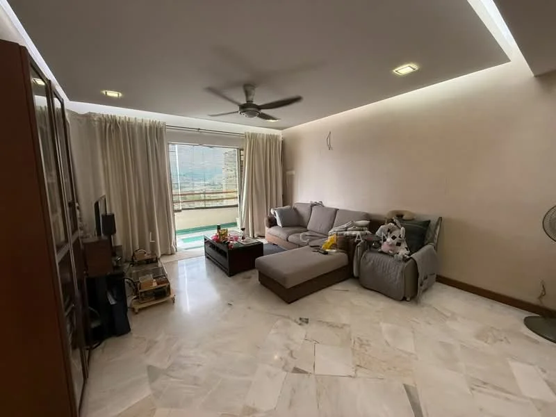 Living features: marble flooring, sofa in grey, coffee table, floor-to-ceiling windows, sheer curtains, ceiling fan, wall-mounted TV, decorative items on coffee table, area rug, light-colored walls, built-in cabinetry, sliding glass door to balcony; style: modern; view: city.