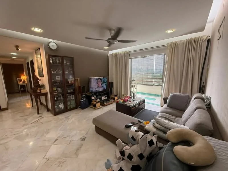 Living features: marble flooring, 5-blade ceiling fan with light, sofa in light grey, coffee table, TV console, wall-mounted TV, large sliding glass door, floor-to-ceiling curtains, decorative wall clock, open shelving unit, decorative items on shelves, area rug with geometric pattern; style: modern; view: pool. Room features: marble flooring, recessed lighting, wall-mounted artwork.