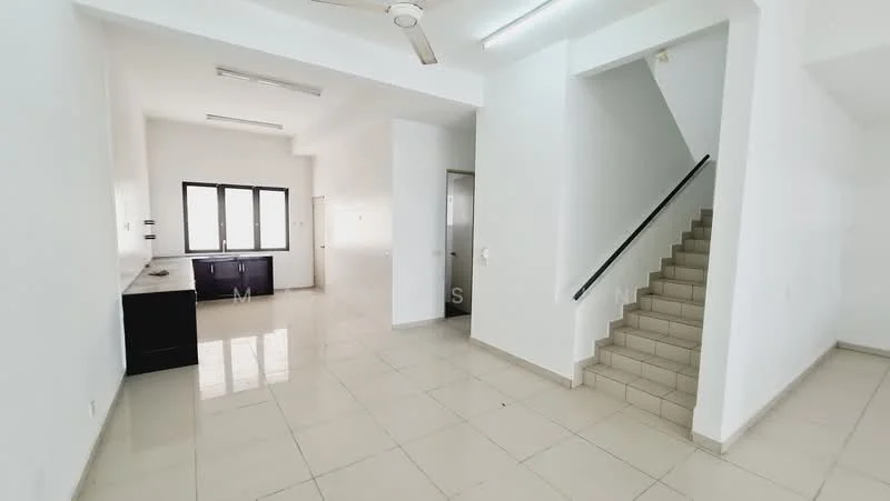 Living features: white painted walls, tile flooring, 5-blade ceiling fan, large windows, staircase leading to upper floor, open layout, kitchen area with cabinetry, natural light from windows; style: modern. Room features: white painted walls, tile flooring, large windows.