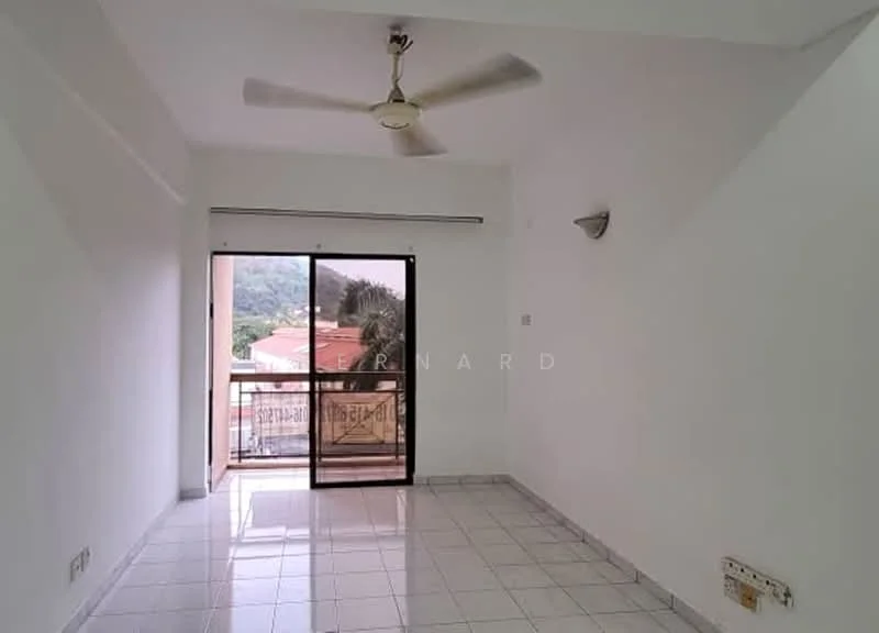 Room features: white painted walls, ceramic tile flooring, 5-blade ceiling fan, sliding glass door, balcony access, mountain view, wall-mounted light fixture, large window; view: mountain.