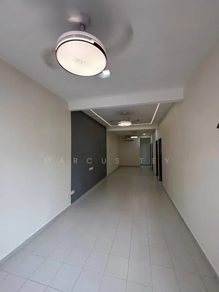 Room features: white painted walls, grey accent wall, tile flooring, recessed ceiling lights, 2 ceiling fans, open layout, neutral color scheme, no visible furniture; style: modern.