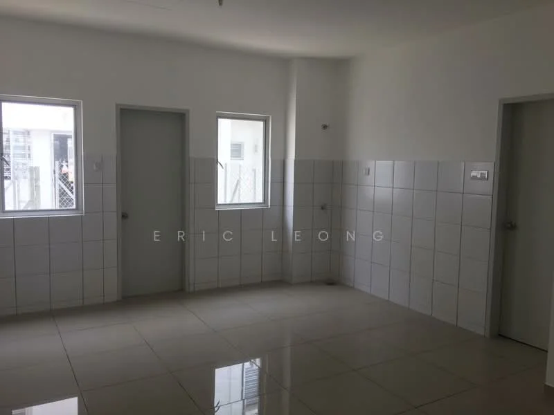 Room features: white painted walls, glossy ceramic tile flooring, two windows with white frames, two doors, tiled wall up to half-height, plain ceiling, no visible lighting fixtures; style: minimalist.