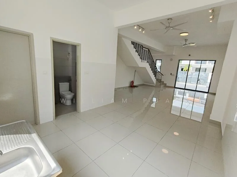 Room features: white painted walls, glossy white tile flooring, ceiling with recessed downlights, 5-blade ceiling fan, large glass sliding door, staircase with black railing, sink with countertop, door leading to bathroom, open layout, natural light from windows; style: modern.