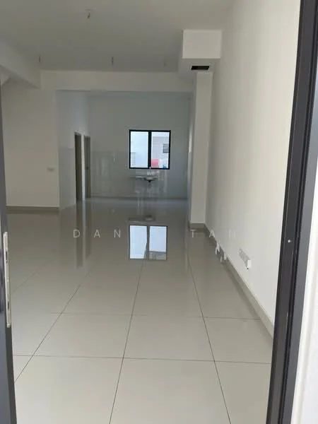 Room features: white painted walls, glossy ceramic tile flooring, large window, high ceiling, open layout, neutral color scheme, no visible furniture, minimalist design; style: modern.
