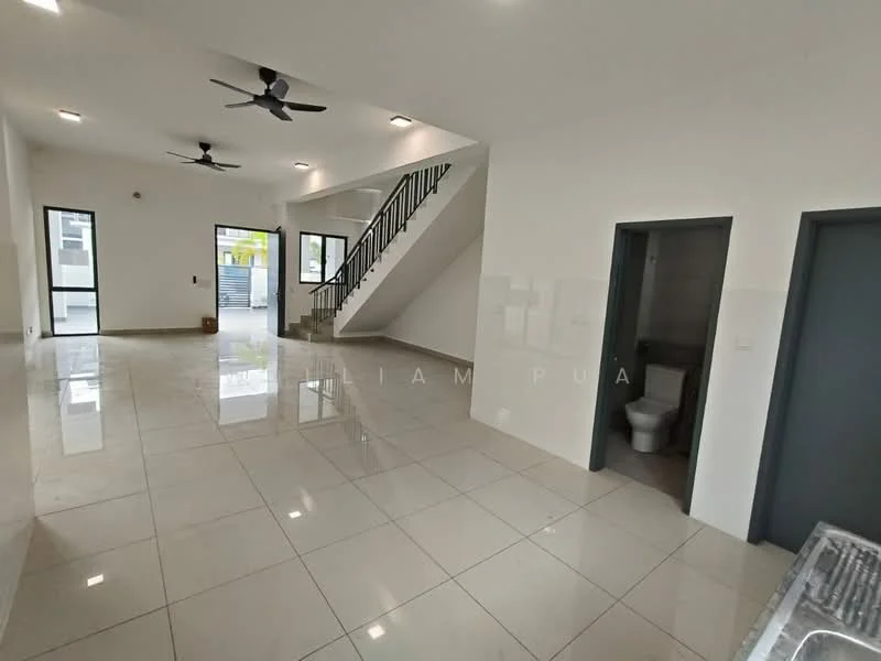 Living features: white painted walls, glossy ceramic tile flooring, 5-blade ceiling fan with light, large windows with black frames, open layout, staircase with black railing, recessed downlights, doorway leading to bathroom; style: modern. Bathroom features: white tiled walls, ceramic tile flooring, one-piece toilet, sink with faucet, mirror, doorway leading to living area; style: modern.