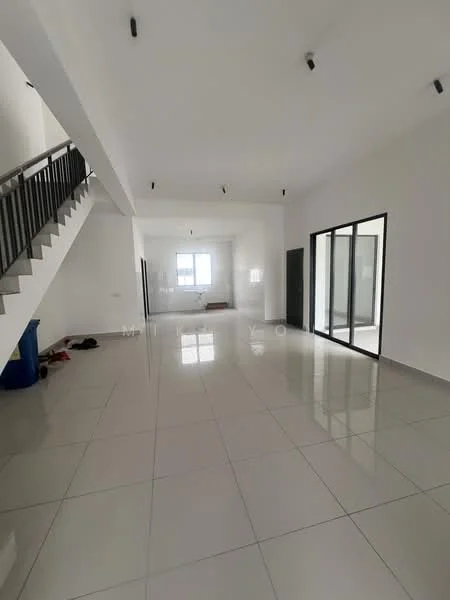 Room features: white painted walls, glossy ceramic tile flooring, recessed downlights, large windows, sliding glass door, open layout, staircase with metal railing, neutral color scheme; style: modern.