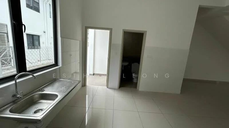 Kitchen features: single-bowl stainless-steel sink, chrome pull-down faucet, white tiled backsplash, white painted walls, glossy floor tiles, large window for natural light, built-in cabinetry, open layout; style: modern. Room features: toilet visible in adjacent room, doorway leading to bathroom, white painted walls, glossy floor tiles.