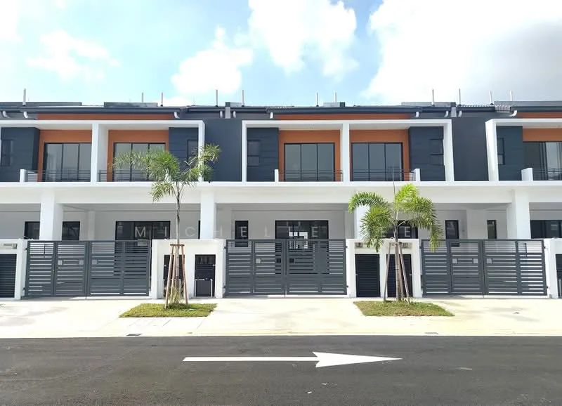 Exterior type: linked terrace house; features: two-storey building, white painted facade, black metal grille fencing, orange accent panels, large windows with black shutters, manicured lawn, paved walkway, concrete driveway, modern architectural design, flat roof; style: modern.