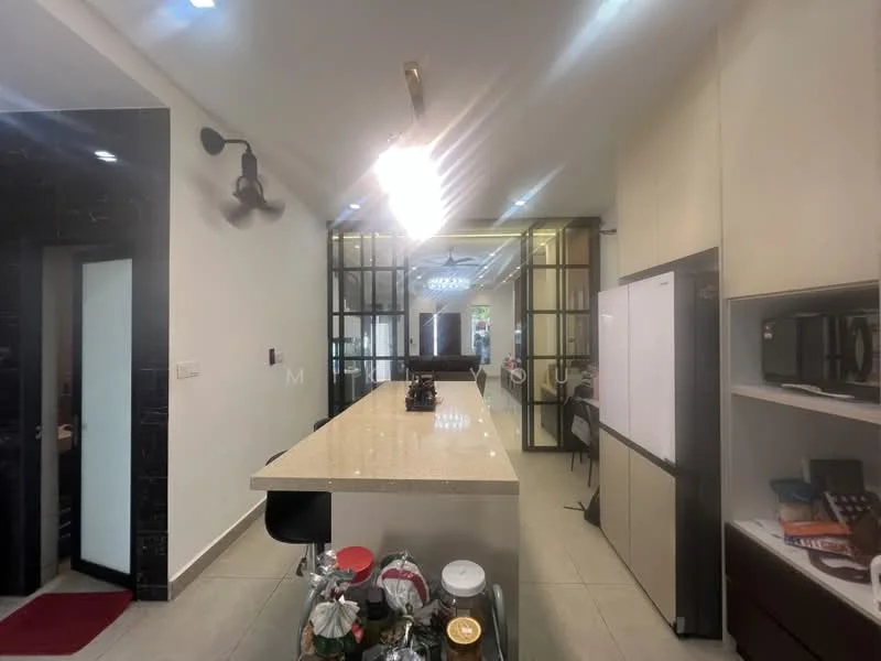 Kitchen features: island countertop with bar seating, white cabinetry, black countertop, stainless-steel fridge, built-in oven, pendant lighting, 5-blade ceiling fan, ceramic tile flooring, open layout to living area, glass partition, wall-mounted storage, decorative items on countertop; style: modern.