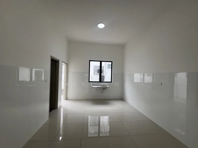 Room features: white painted walls, glossy white tile flooring, single window, ceiling light, sink mounted on wall, doorway leading to another room, doorway leading outside; style: modern.