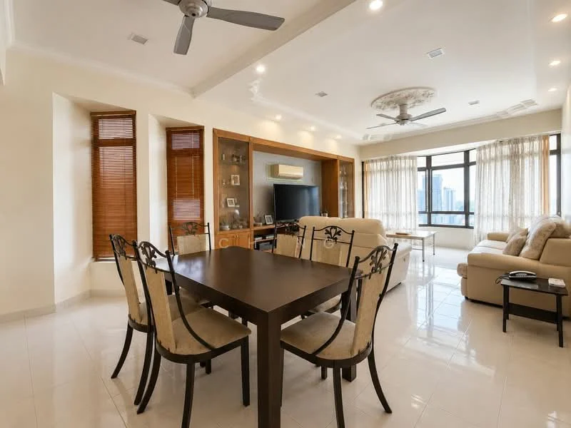 Dining features: 6-seater dining table, upholstered dining chairs, ceiling fan with light, recessed downlights, cream painted walls, white tiled flooring, large windows with sheer curtains, wooden cabinetry, wall-mounted TV, decorative wall paneling; style: modern; view: city. Living features: 3-seater fabric sofa in beige, 2-seater fabric sofa in beige, coffee table, TV console, wall-mounted TV, large windows with sheer curtains, cream painted walls, white tiled flooring, ceiling fan with light, recessed downlights; style: modern; view: city.