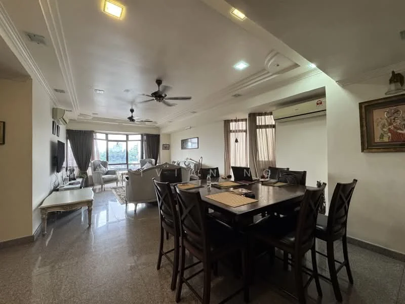 Dining features: dining table with 8 chairs, granite flooring, ceiling fan with light, recessed downlights, wall-mounted artwork, large windows with sheer curtains, neutral painted walls, open layout to living area; style: modern; view: city. Living features: sofa set in light fabric, coffee table, TV console, large windows with city view, neutral painted walls, ceiling fan, recessed downlights, decorative wall art; style: modern; view: city.