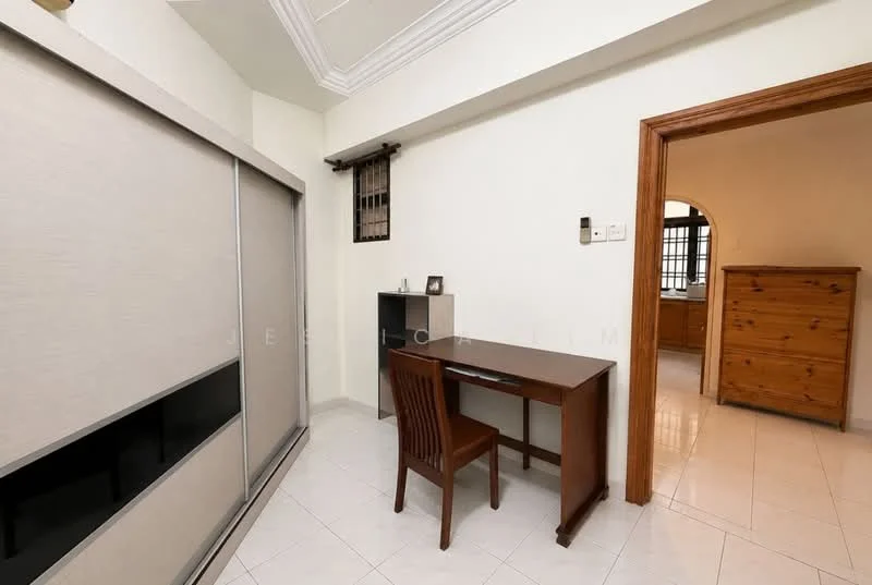 Study features: white painted walls, glossy tile flooring, wooden study desk, wooden chair, built-in wardrobe with sliding doors, decorative wall feature, doorway leading to another room; style: modern.