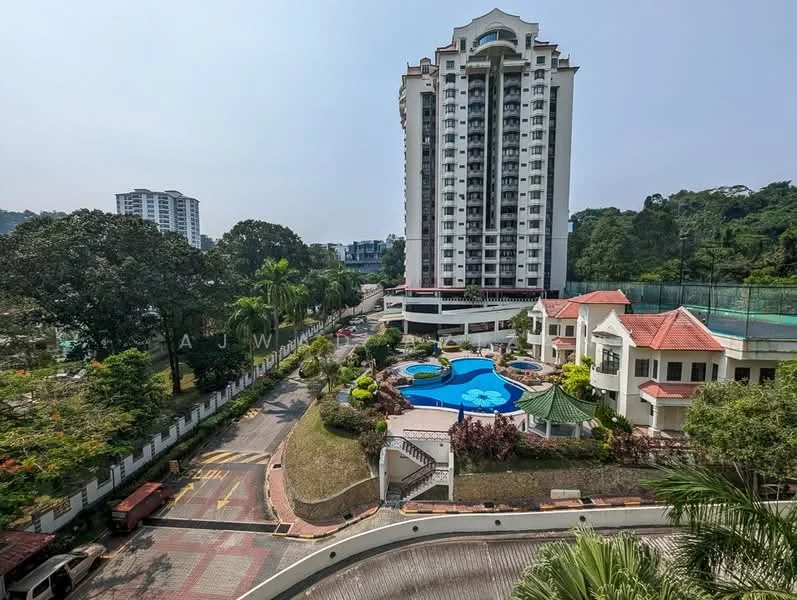 Exterior type: high-rise condominium; features: swimming pool with landscaped garden, manicured lawn, paved driveway, surrounding greenery, tennis court, multiple-storey building, parking deck, outdoor seating area, gated entry, balconies on upper floors; style: modern.