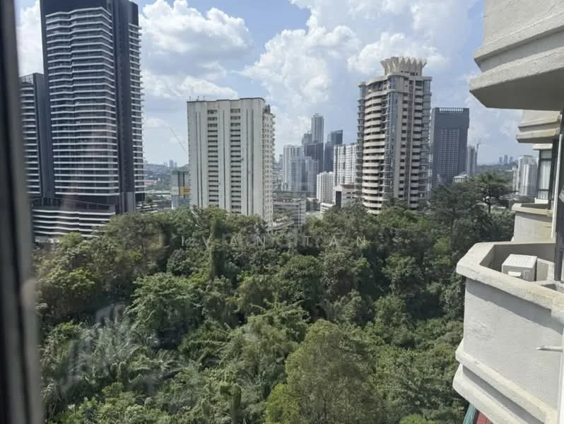 Exterior type: high-rise condominium; features: city skyline view, surrounded by greenery, modern glass facade, multiple high-rise buildings, urban landscape, tropical landscaping; style: modern.