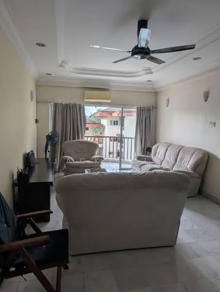 Living features: cream painted walls, marble flooring, tray ceiling, 5-blade ceiling fan with light, sliding glass door, floor-to-ceiling windows, curtains, 2-seater fabric sofa in beige, 3-seater fabric sofa in beige, coffee table, TV console, wall-mounted TV, area rug; style: modern; view: city.