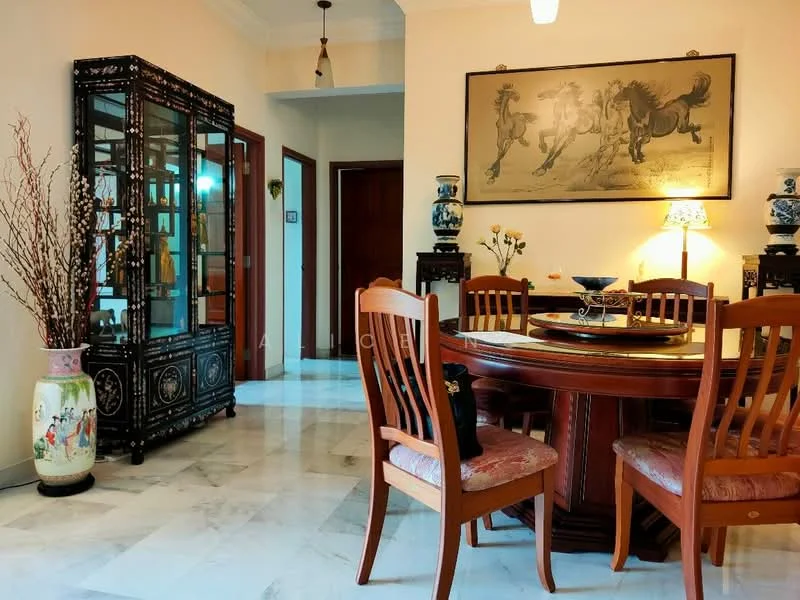 Dining features: round wooden dining table, 6 wooden dining chairs with upholstered seats, marble flooring, decorative wall art with horses, glass display cabinet with intricate design, ceramic vase with decorative branches, table lamp with shade, wall-mounted light fixture, wooden door leading to hallway, ornate ceiling with light fixture; style: traditional.