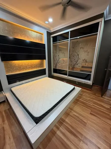 Bedroom features: wooden flooring, queen-size bed frame without mattress, built-in wardrobe with sliding mirror doors, decorative wall panel with backlighting, ceiling fan, recessed downlights, wall-mounted headboard, floral wallpaper in wardrobe interior; style: modern.