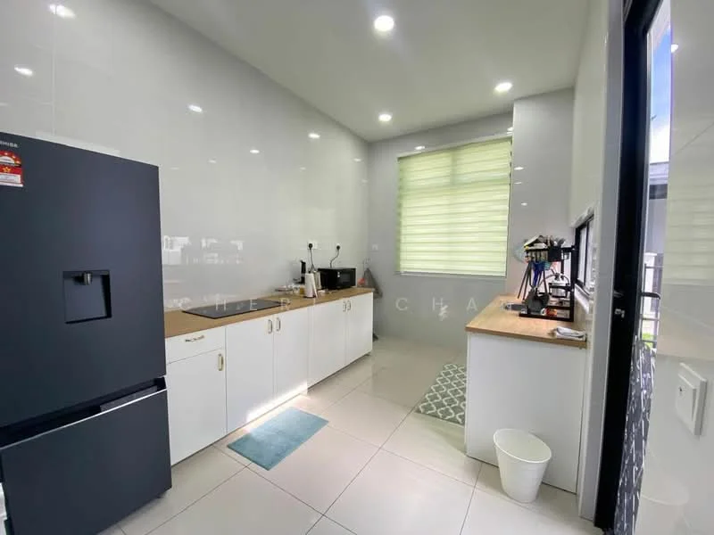 Kitchen features: white cabinetry, wood countertop, black refrigerator, built-in stove, white tiled backsplash, ceramic tile flooring, window with blinds, sink, kitchen appliances, countertop coffee machine, waste bin; style: modern.
